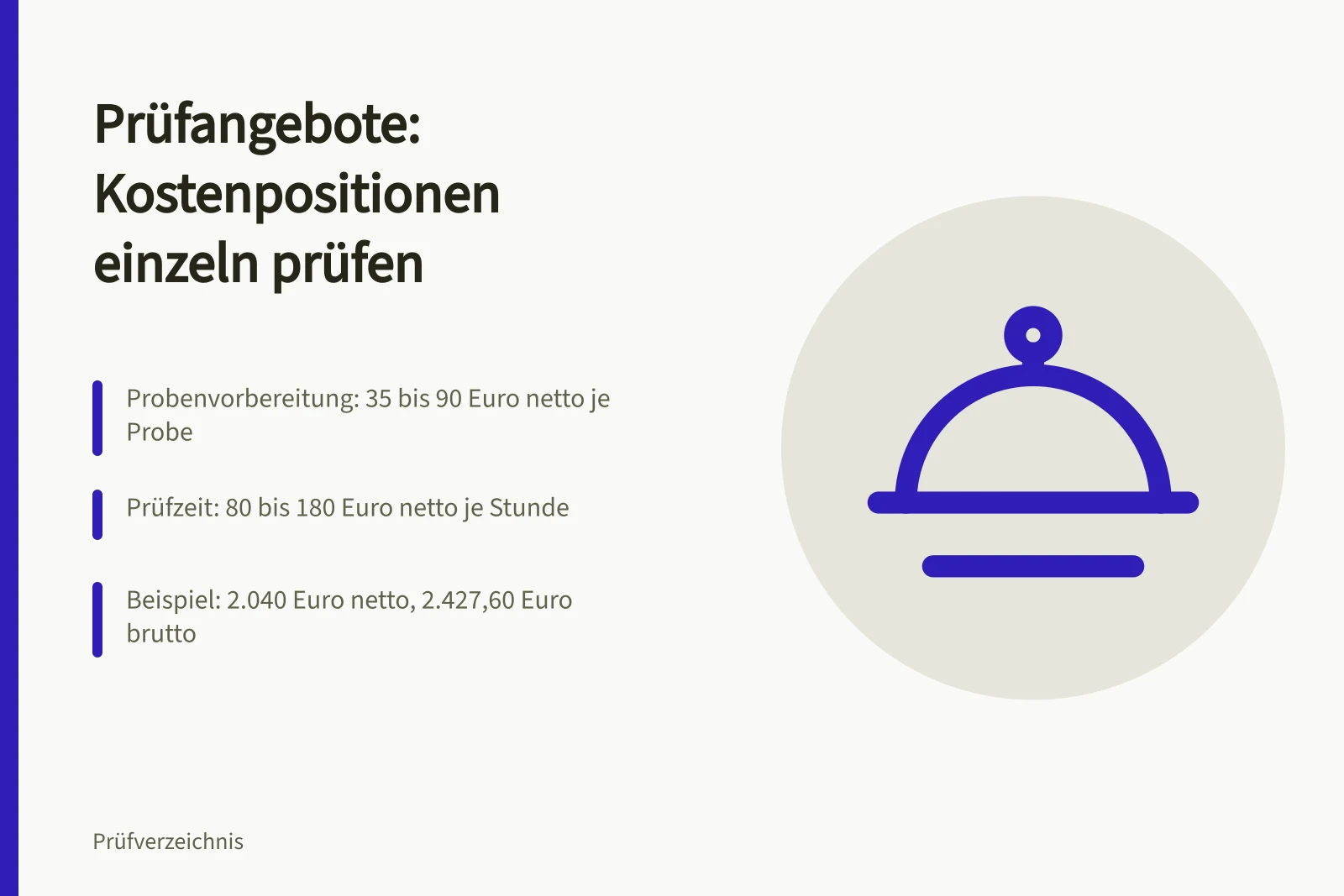 Kostenaufschlüsselung eines Prüfangebots mit fünf Aufwandspositionen