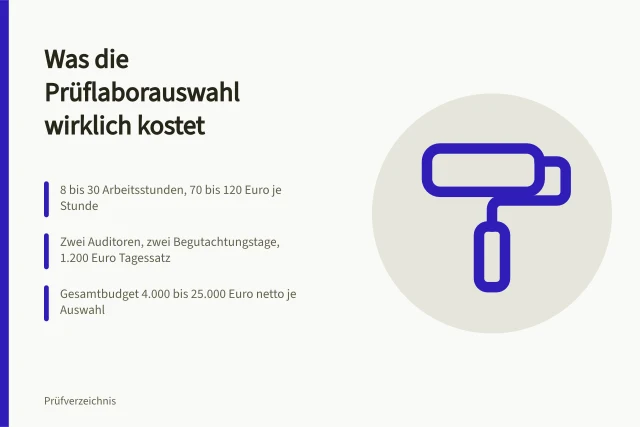 Kostenaufstellung zur Prüflaborauswahl mit Auditoren, Reisekosten und Tagessätzen. Welche Kosten entstehen bei der Prüflaborauswahl?